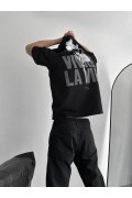 Erkek Ön ve Arka Baskılı T-Shirt Kısa Kol Bisiklet Yaka Regular Fit Tişört -  Siyah