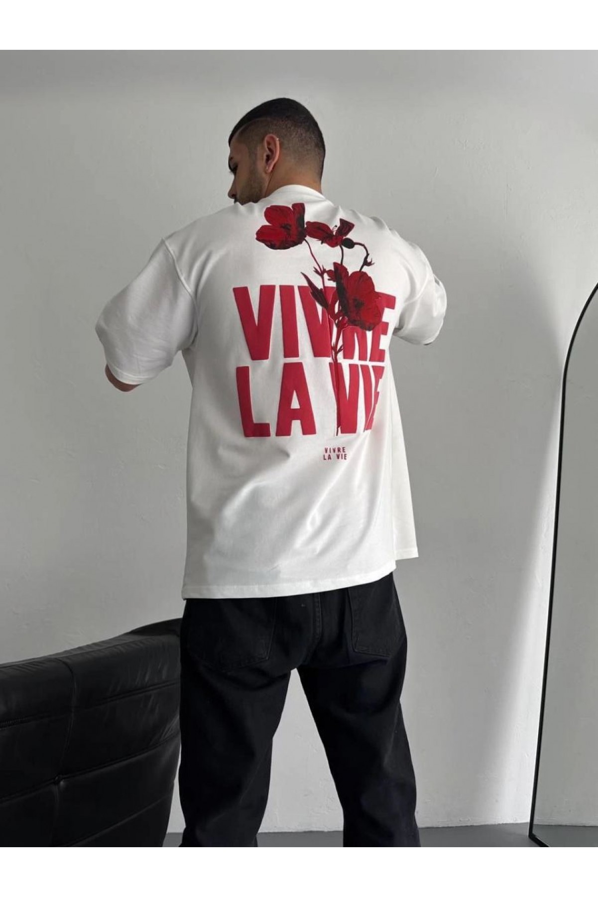 Erkek Ön ve Arka Baskılı T-Shirt Kısa Kol Bisiklet Yaka Regular Fit Tişört - Beyaz