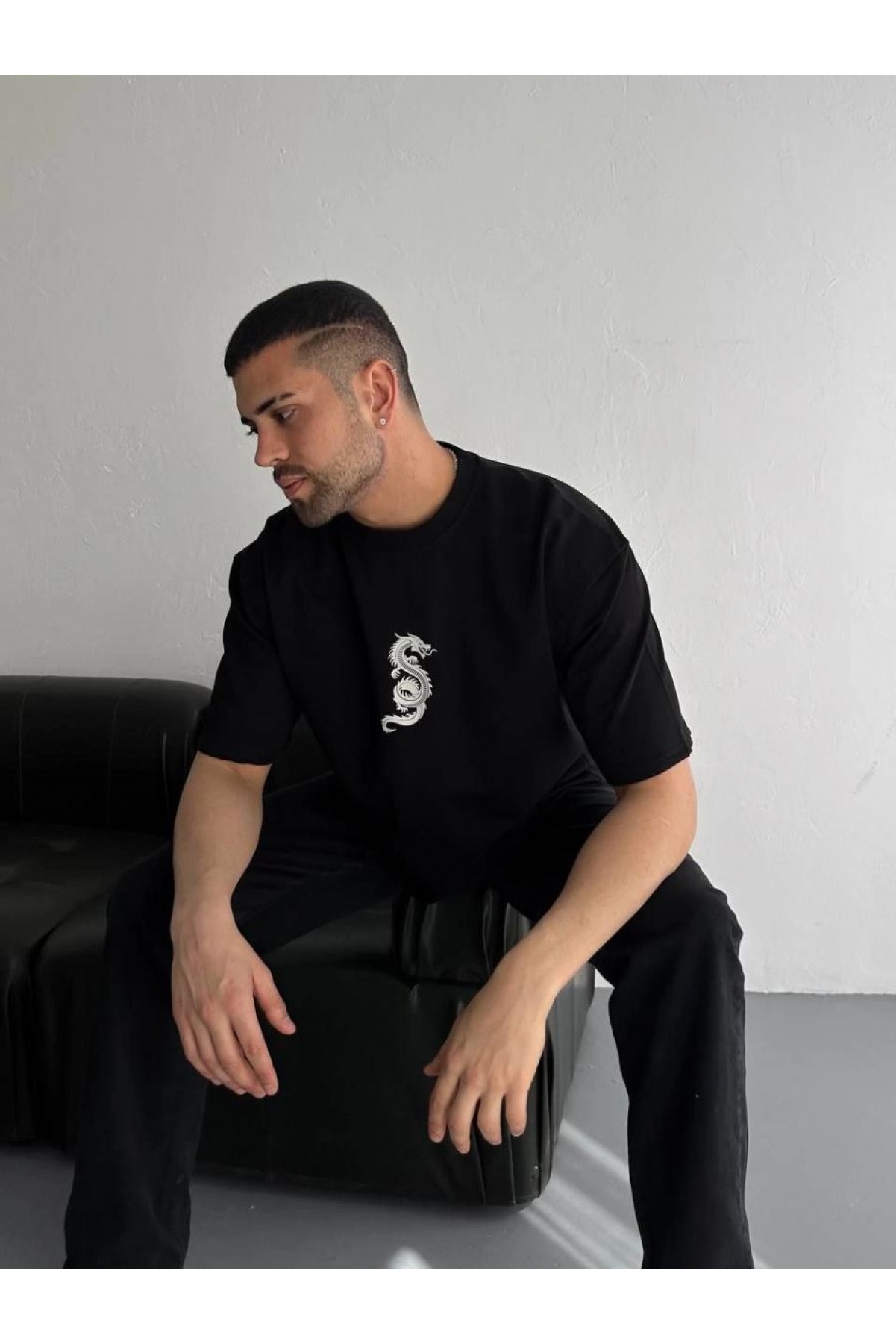 Erkek Ön ve Arka Baskılı T-Shirt Kısa Kol Bisiklet Yaka Regular Fit Tişört - Siyah