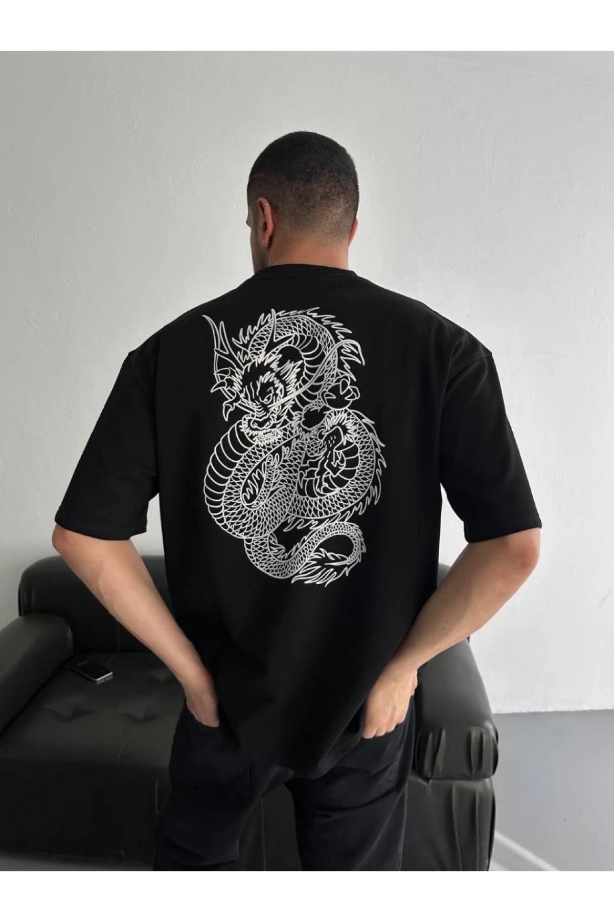 Erkek Ön ve Arka Baskılı T-Shirt Kısa Kol Bisiklet Yaka Regular Fit Tişört - Siyah