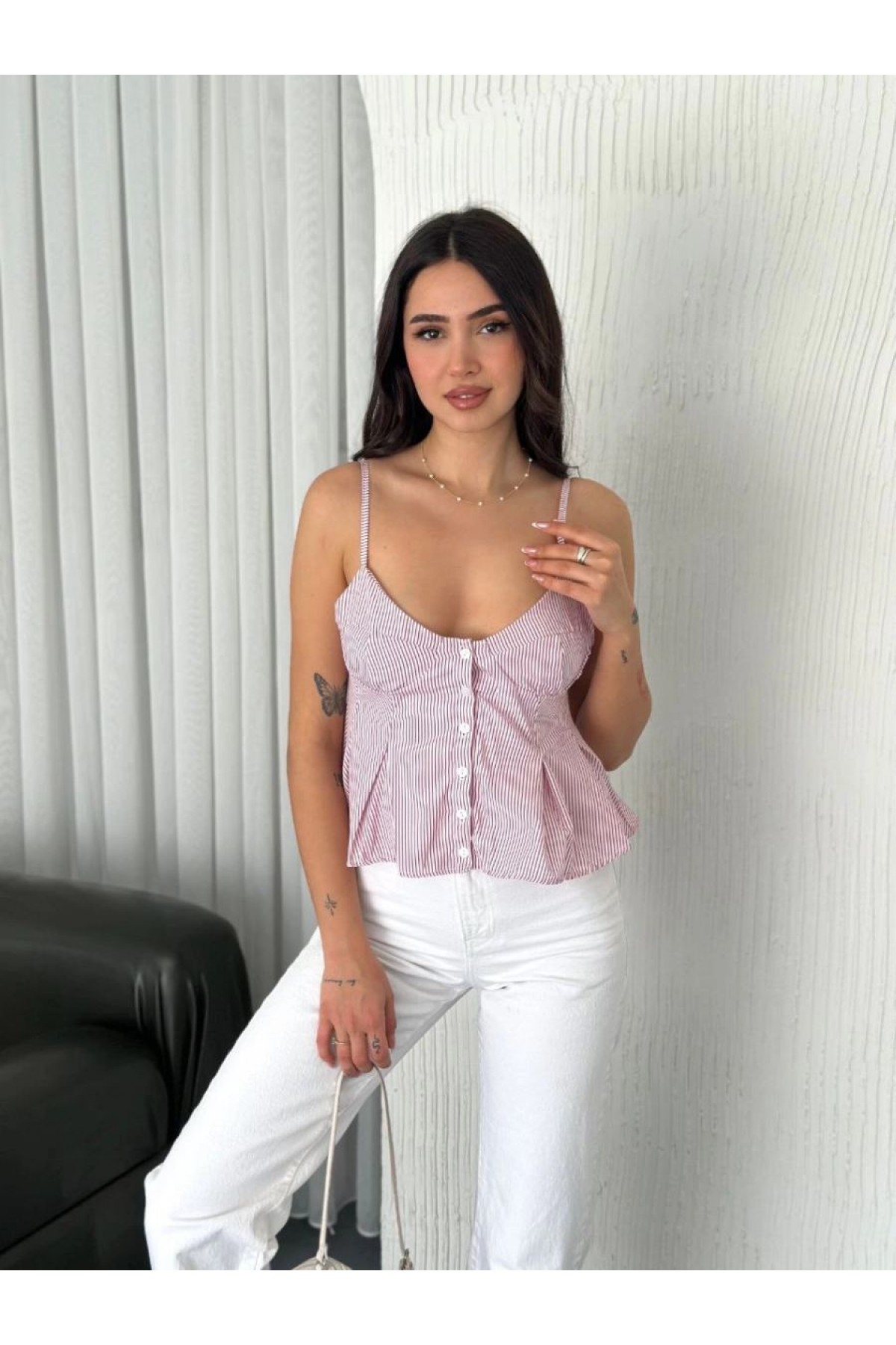 Kadın Askılı Dekolte deraylı crop - Kırmızı