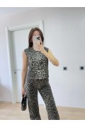 leopar desenli Düğmeli Bluzlu Pantolon İkili Takım -Leopar