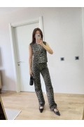 leopar desenli Düğmeli Bluzlu Pantolon İkili Takım -Leopar