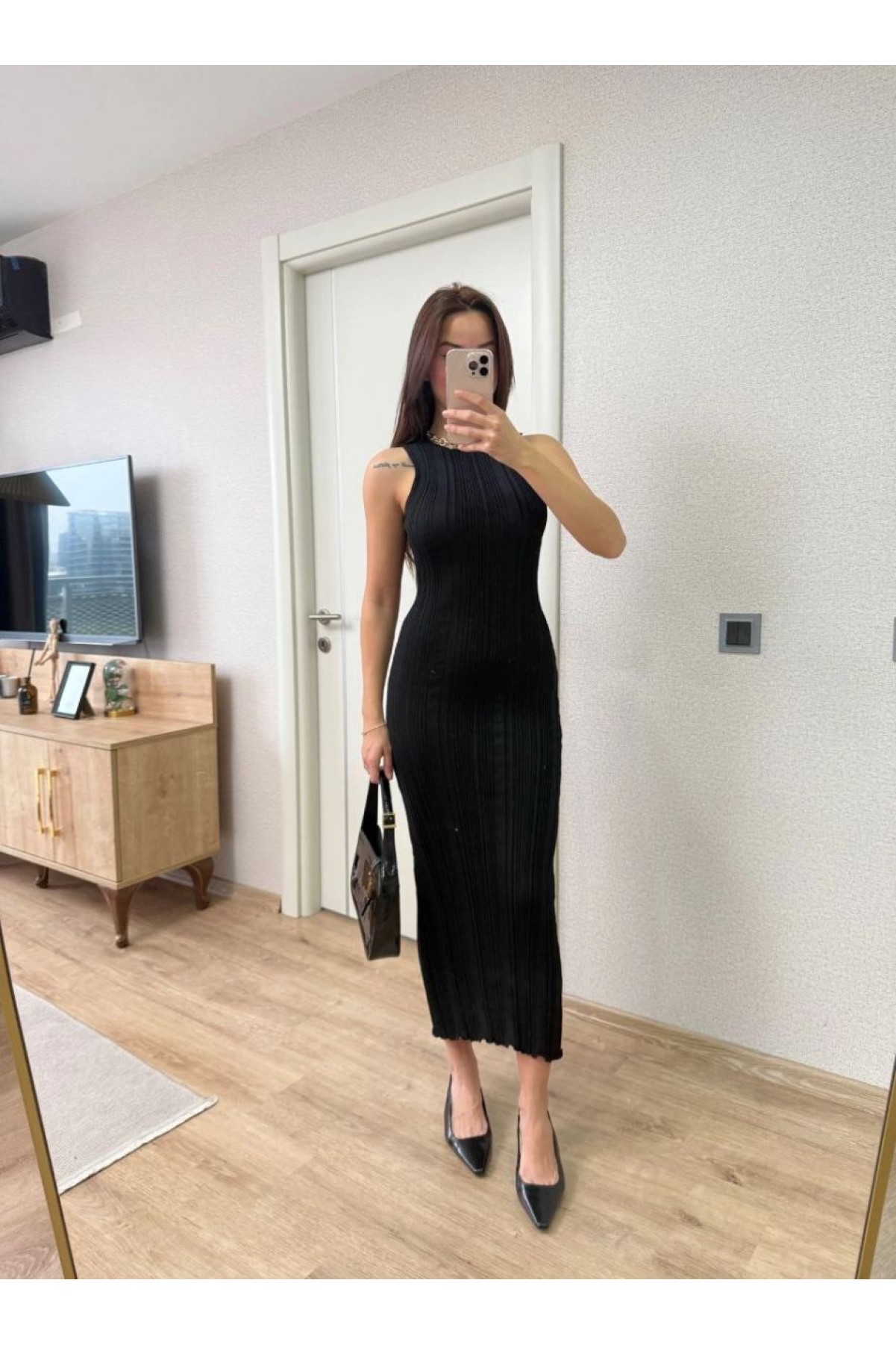 Kadın Fitilli Triko Elbise Kolsuz Sırtı Kapalı Maxi Uzun Boy - Siyah