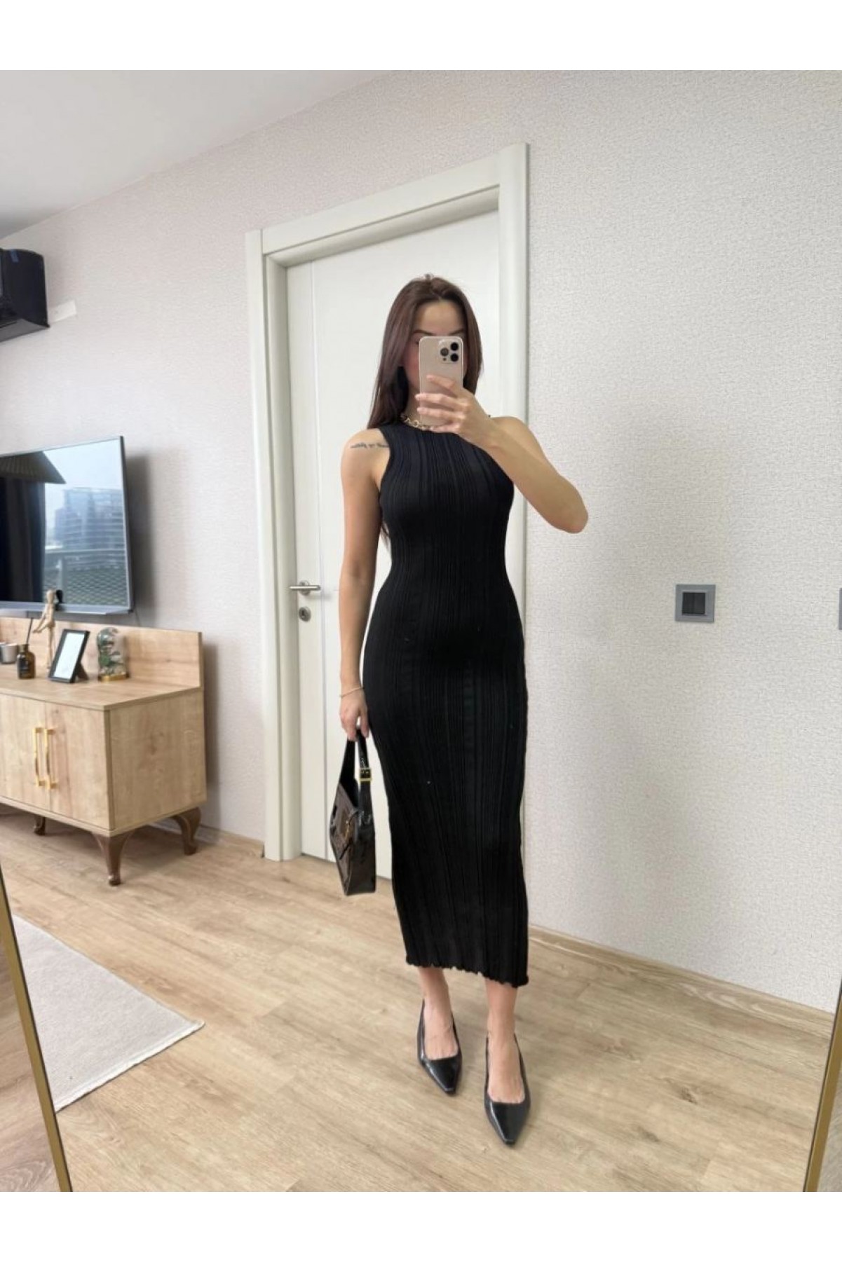 Kadın Fitilli Triko Elbise Kolsuz Sırtı Kapalı Maxi Uzun Boy - Siyah