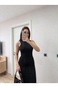 Kadın Fitilli Triko Elbise Kolsuz Sırtı Kapalı Maxi Uzun Boy - Siyah