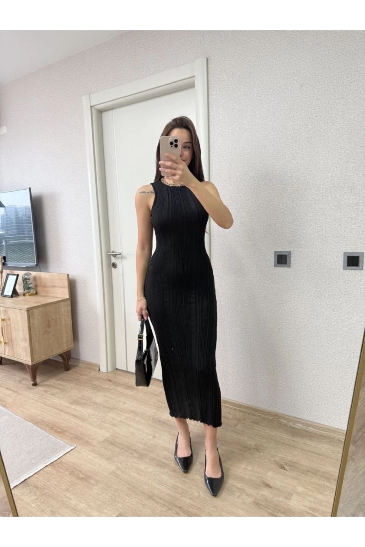 Kadın Fitilli Triko Elbise Kolsuz Sırtı Kapalı Maxi Uzun Boy - Siyah