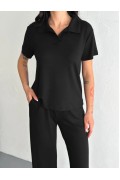 Kadın Osy Modal Yumuşak Dokulu Kumaş Kısa Kollu Yakalı T-shirt Pantolon ikili Takım- Siyah