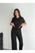 Kadın Osy Modal Yumuşak Dokulu Kumaş Kısa Kollu Yakalı T-shirt Pantolon ikili Takım- Siyah