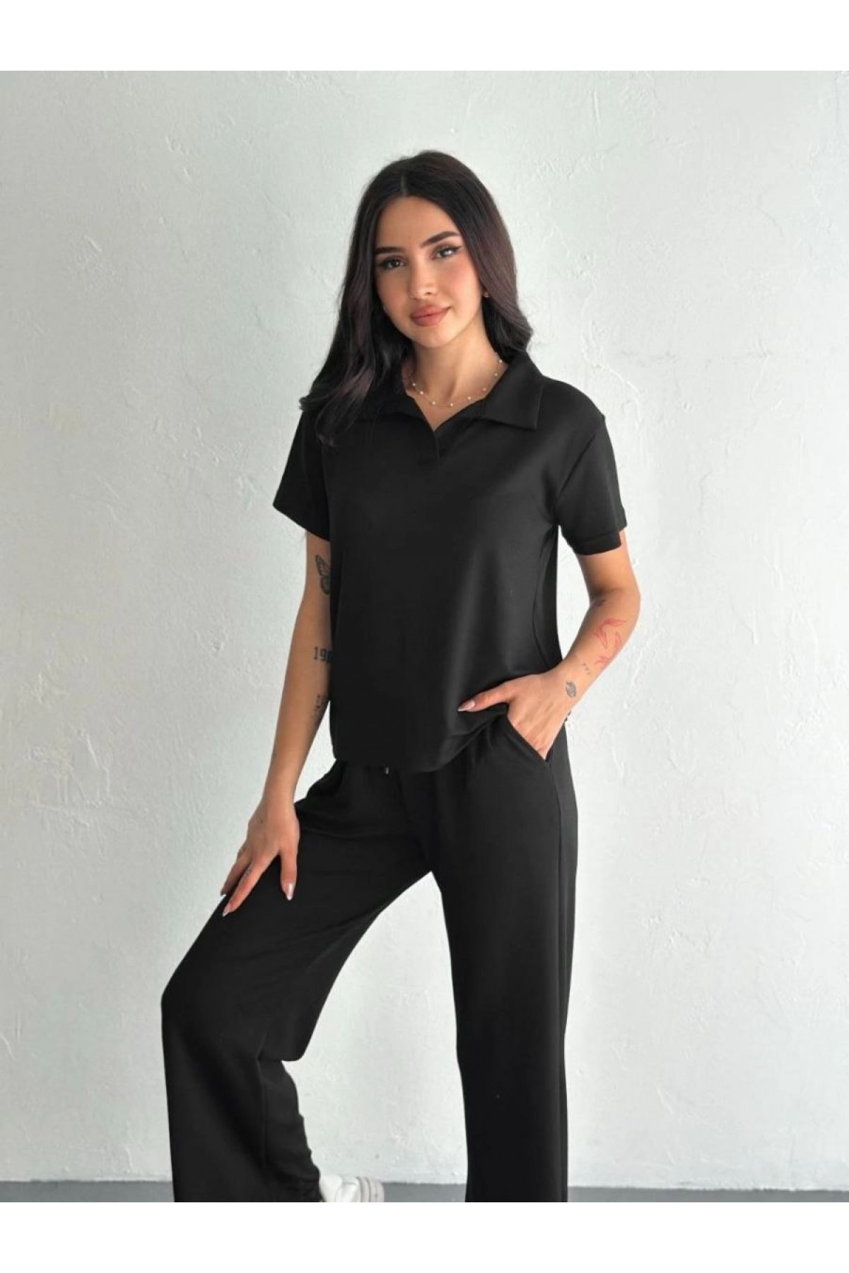 Kadın Osy Modal Yumuşak Dokulu Kumaş Kısa Kollu Yakalı T-shirt Pantolon ikili Takım- Siyah