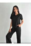 Kadın Osy Modal Yumuşak Dokulu Kumaş Kısa Kollu Yakalı T-shirt Pantolon ikili Takım- Siyah