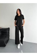 Kadın Osy Modal Yumuşak Dokulu Kumaş Kısa Kollu Yakalı T-shirt Pantolon ikili Takım- Siyah