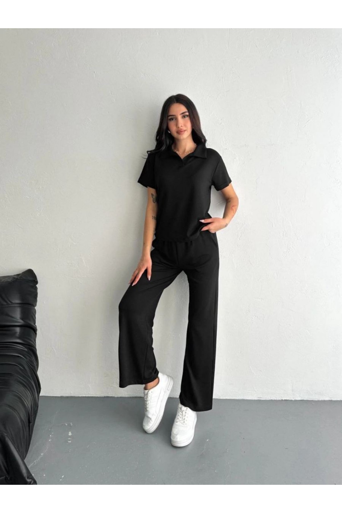 Kadın Osy Modal Yumuşak Dokulu Kumaş Kısa Kollu Yakalı T-shirt Pantolon ikili Takım- Siyah