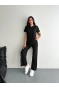 Kadın Osy Modal Yumuşak Dokulu Kumaş Kısa Kollu Yakalı T-shirt Pantolon ikili Takım- Siyah