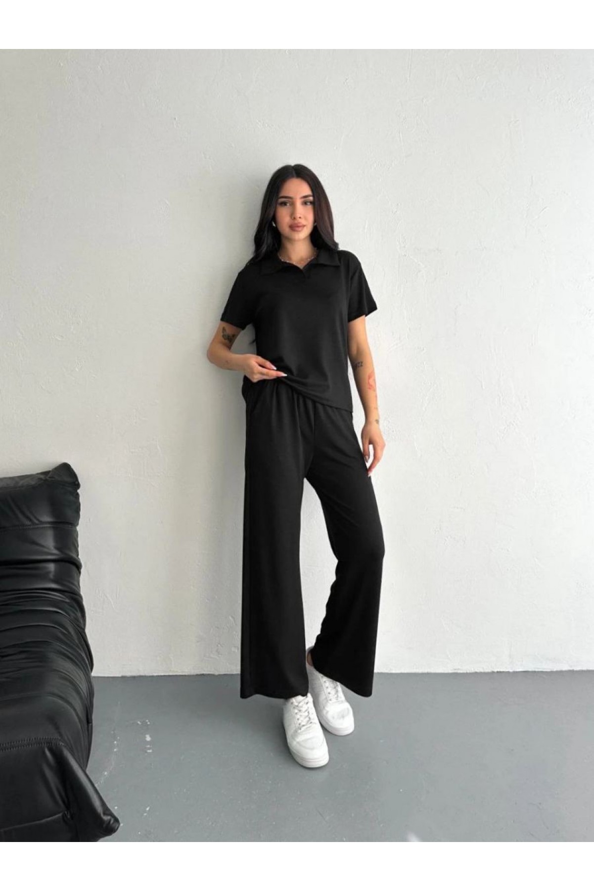 Kadın Osy Modal Yumuşak Dokulu Kumaş Kısa Kollu Yakalı T-shirt Pantolon ikili Takım- Siyah