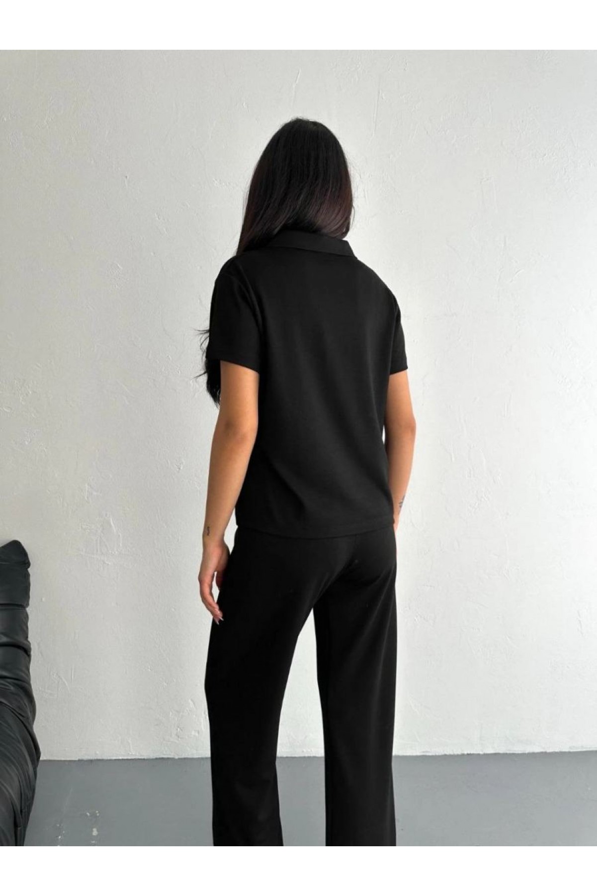 Kadın Osy Modal Yumuşak Dokulu Kumaş Kısa Kollu Yakalı T-shirt Pantolon ikili Takım- Siyah