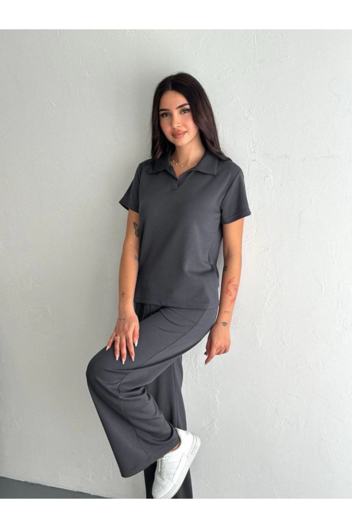 Kadın Osy Modal Yumuşak Dokulu Kumaş Kısa Kollu Yakalı T-shirt Pantolon ikili Takım- Antrasit