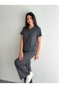 Kadın Osy Modal Yumuşak Dokulu Kumaş Kısa Kollu Yakalı T-shirt Pantolon ikili Takım- Antrasit