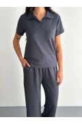 Kadın Osy Modal Yumuşak Dokulu Kumaş Kısa Kollu Yakalı T-shirt Pantolon ikili Takım- Antrasit