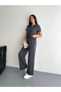 Kadın Osy Modal Yumuşak Dokulu Kumaş Kısa Kollu Yakalı T-shirt Pantolon ikili Takım- Antrasit