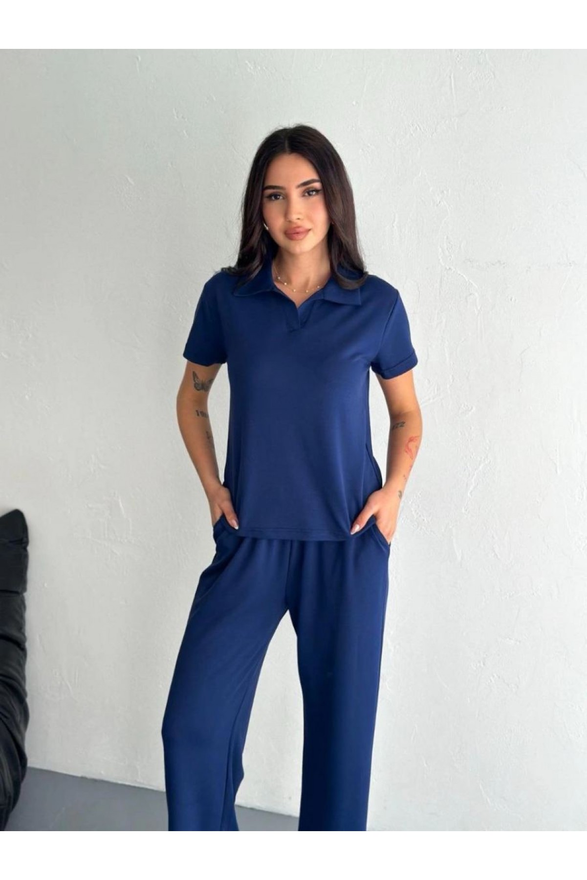 Kadın Osy Modal Yumuşak Dokulu Kısa Kollu Yakalı Pantolon ikili Takım - Lacivert