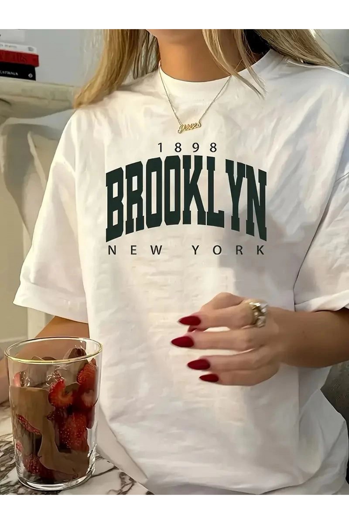 Kadın Tişört Bisiklet Yaka Brooklyn Baskılı Kısa Kollu T-shirt - Beyaz