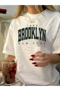Kadın Tişört Bisiklet Yaka Brooklyn Baskılı Kısa Kollu T-shirt - Beyaz
