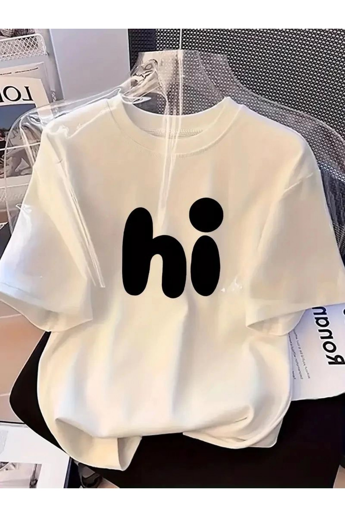 Kadın Kısa Kol Yazlık Tişört Bisiklet Yaka hi Baskılı T-Shirt - Beyaz