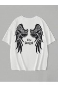 Kadın Kısa Kol Tişört Bisiklet Yaka Angel Melek Kanadı Baskılı T-Shirt - Beyaz