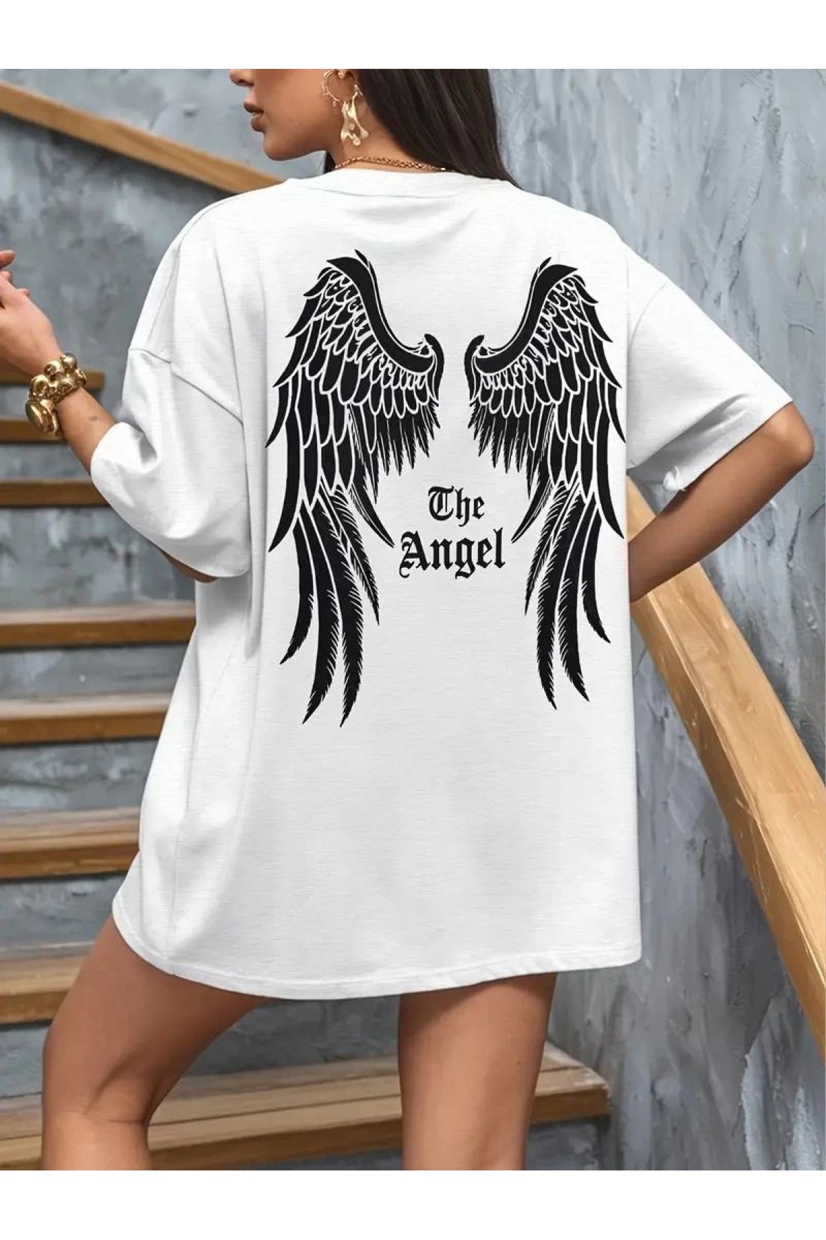 Kadın Kısa Kol Tişört Bisiklet Yaka Angel Melek Kanadı Baskılı T-Shirt - Beyaz