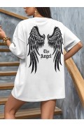 Kadın Kısa Kol Tişört Bisiklet Yaka Angel Melek Kanadı Baskılı T-Shirt - Beyaz