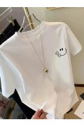 Kadın Gülücük Baskılı Tişört Kısa Kol Bisiklet Yaka Oversize T-Shirt - Beyaz