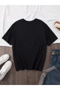 Kadın Kısa Kol Yazlık Tişört Bisiklet Yaka Baskılı Oversize T-Shirt - Siyah