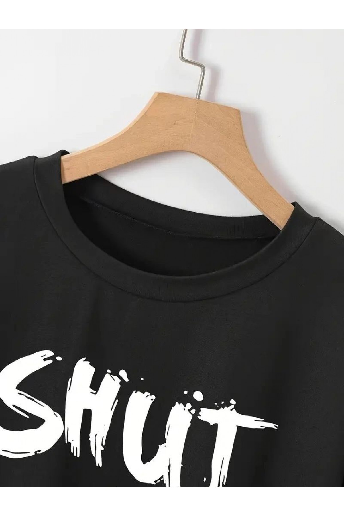 Kadın Tişört Shut Up Baskılı Kısa Kol Bisiklet Yaka T-Shirt - Siyah