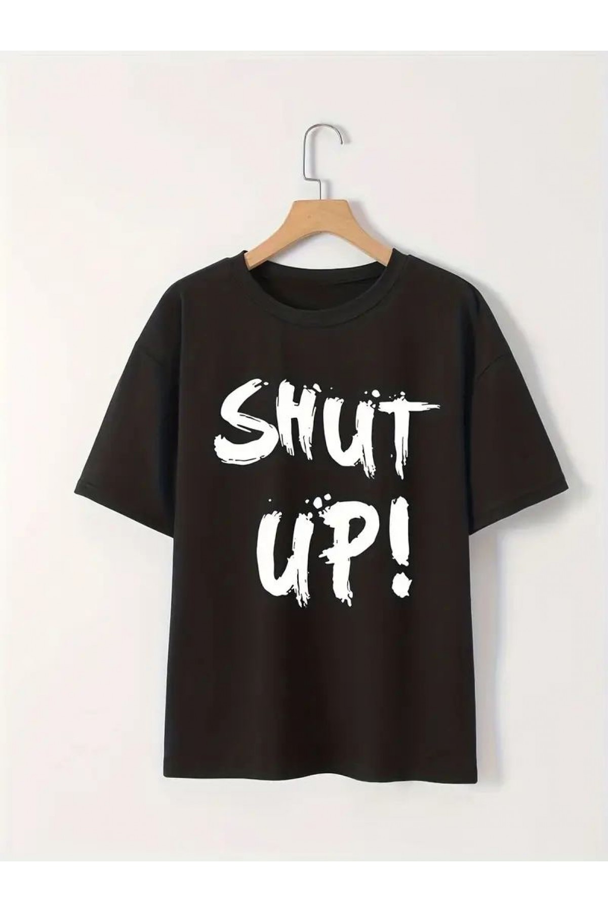 Kadın Tişört Shut Up Baskılı Kısa Kol Bisiklet Yaka T-Shirt - Siyah