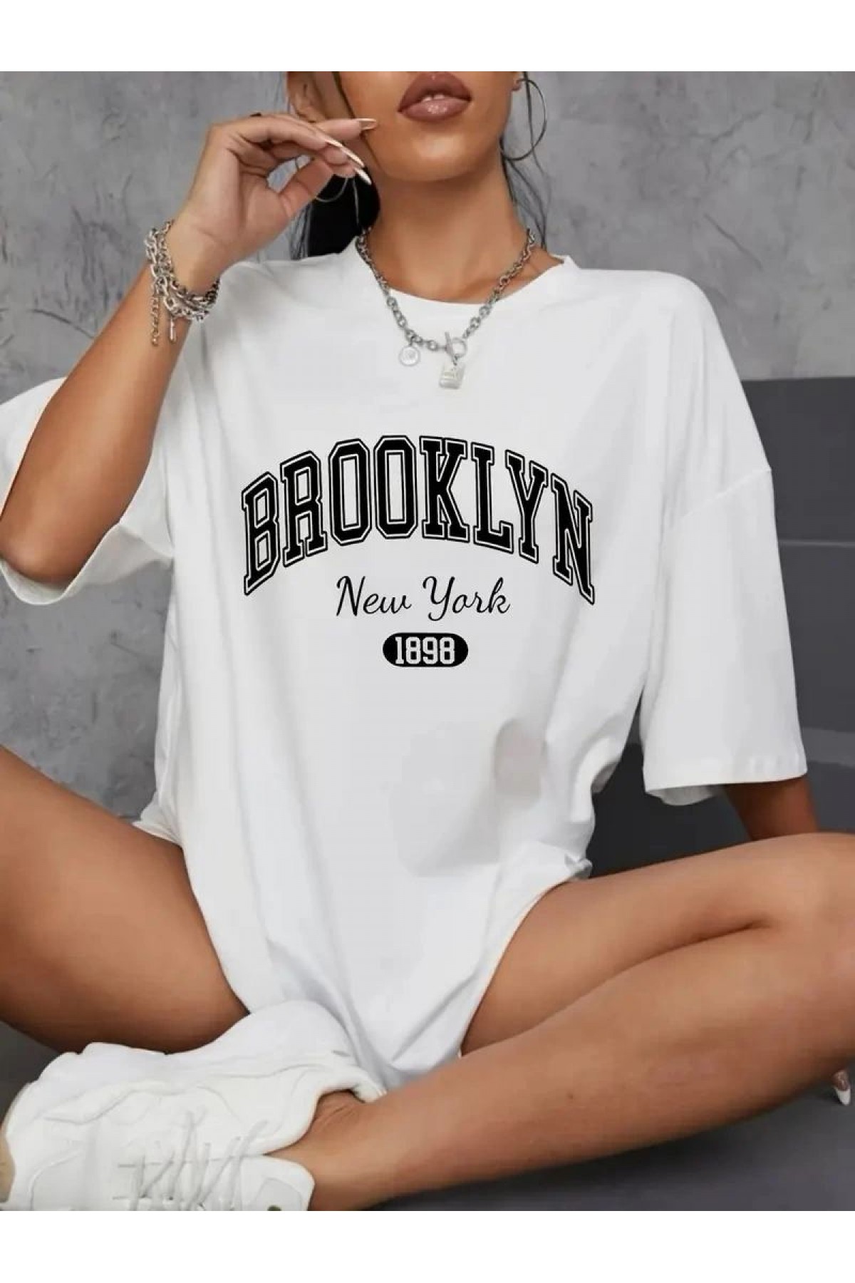Kadın Brooklyn Baskılı Tişört Kısa Kol Bisiklet Yaka Oversize T-Shirt - Beyaz