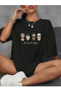 Kadın Kahve Desen Baskılı Tişört Kısa Kol Bisiklet Yaka Oversize T-Shirt - Siyah