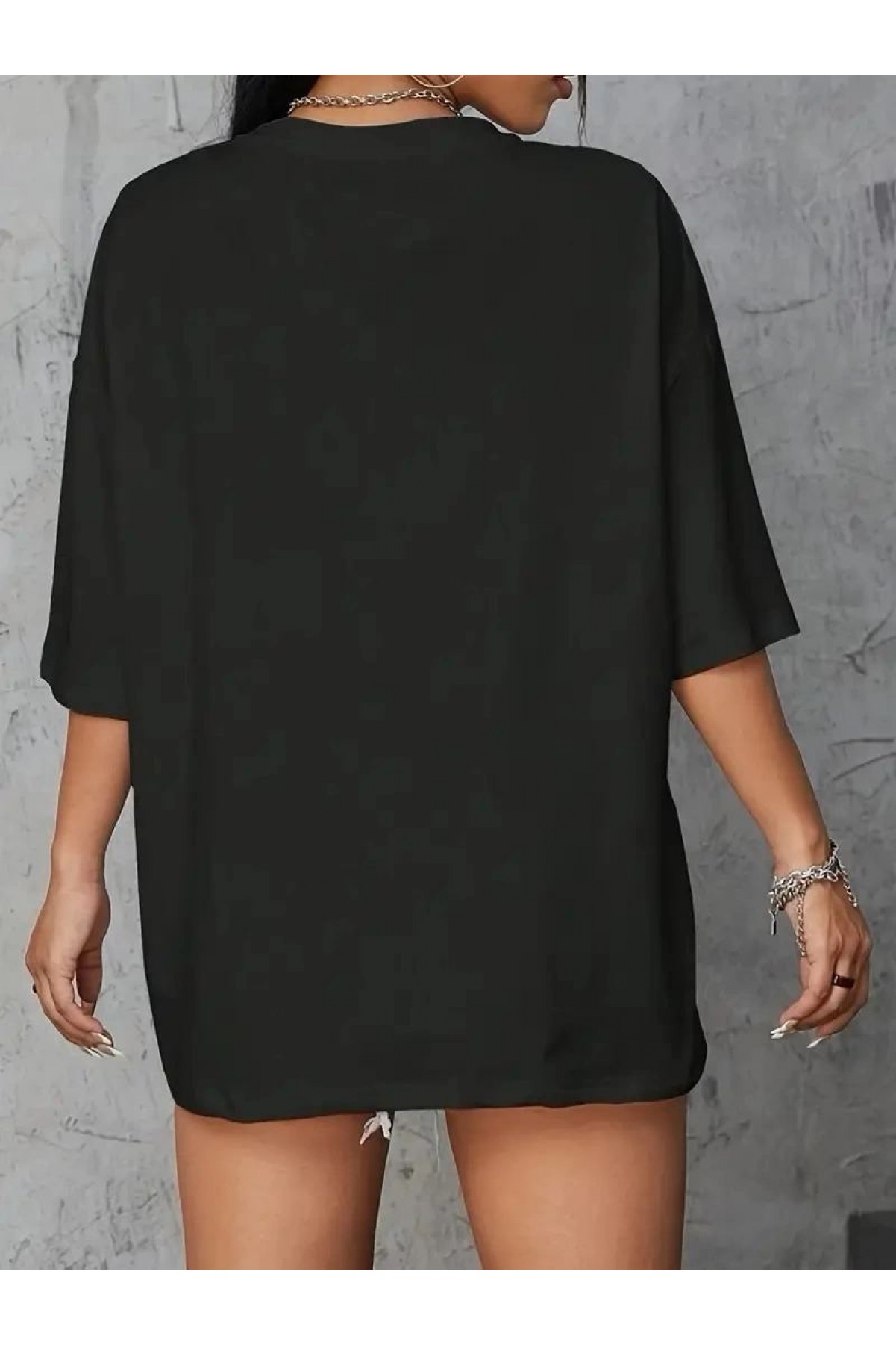 Kadın Kahve Desen Baskılı Tişört Kısa Kol Bisiklet Yaka Oversize T-Shirt - Siyah