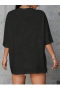 Kadın Kahve Desen Baskılı Tişört Kısa Kol Bisiklet Yaka Oversize T-Shirt - Siyah