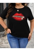 Kadın Kısa Kol Yazlık Tişört Bisiklet Yaka Dudak Baskılı T-Shirt - Siyah