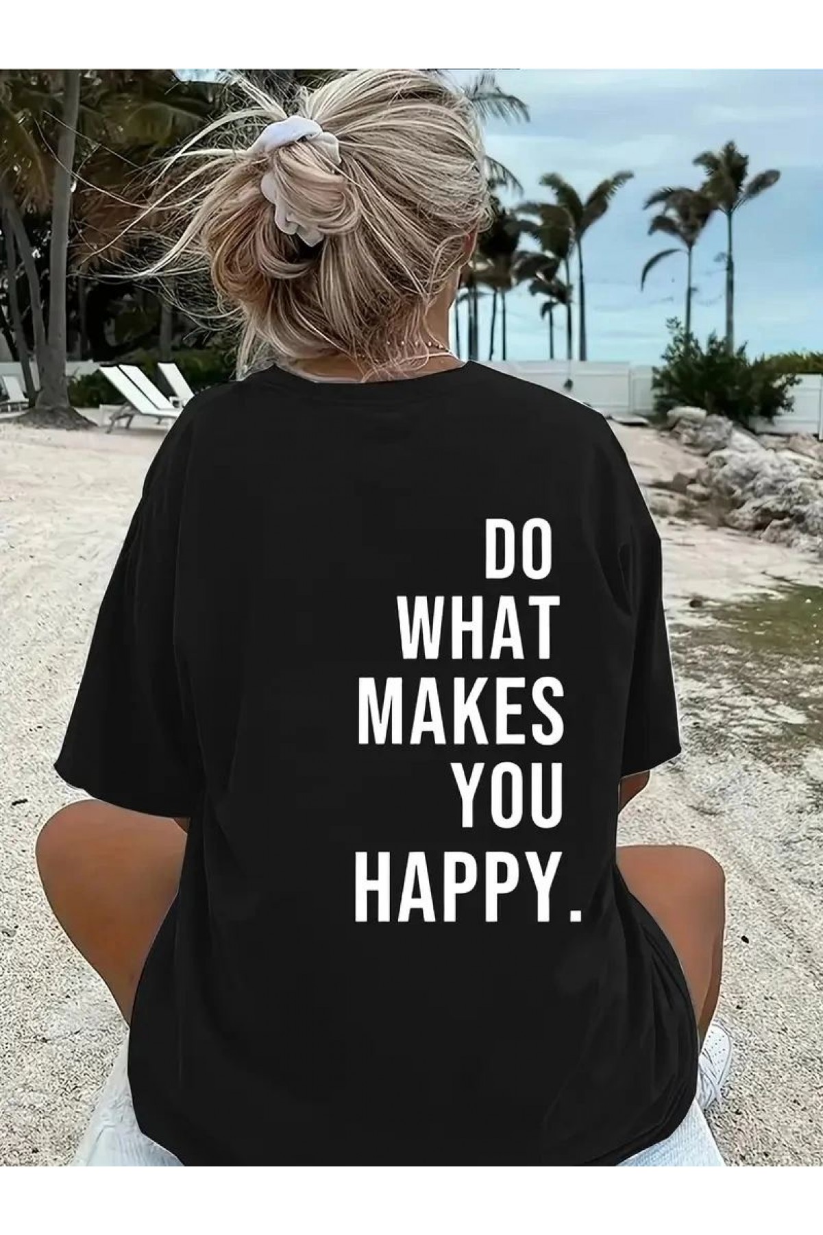 Kadın Kısa Kol Yazlık Tişört Bisiklet Yaka Baskılı Oversize T-Shirt - Siyah
