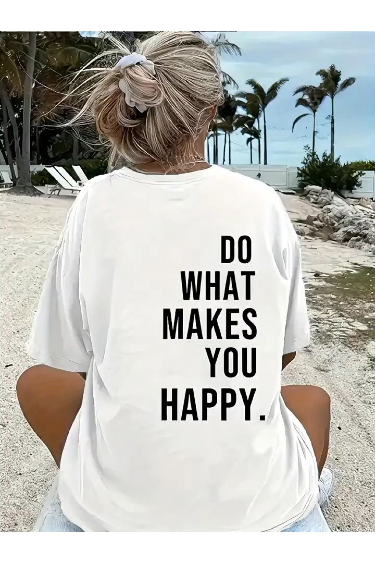 Kadın Kısa Kol Yazlık Tişört Bisiklet Yaka Baskılı Oversize T-Shirt - Beyaz