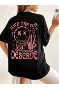 Kadın Kısa Kol Yazlık Tişört Bisiklet Yaka Baskılı Oversize T-Shirt - Siyah