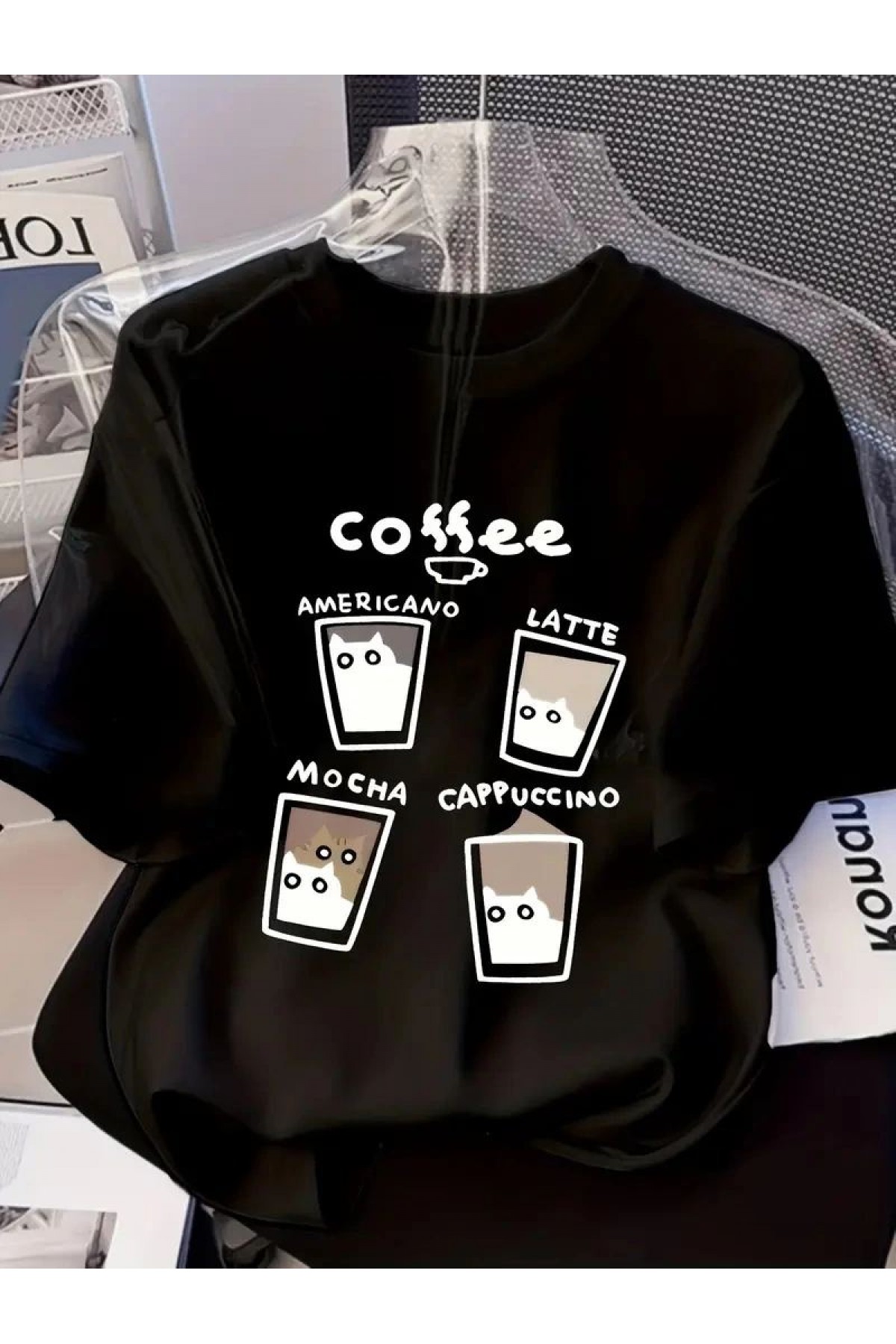 Kadın Kısa Kol Yazlık Tişört Bisiklet Yaka Baskılı Oversize T-Shirt - Siyah