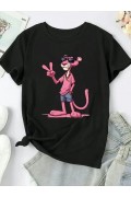 Kadın Tişört Pembe Panter Baskılı Bisiklet Yaka Kısa Kol T-shirt - Beyaz