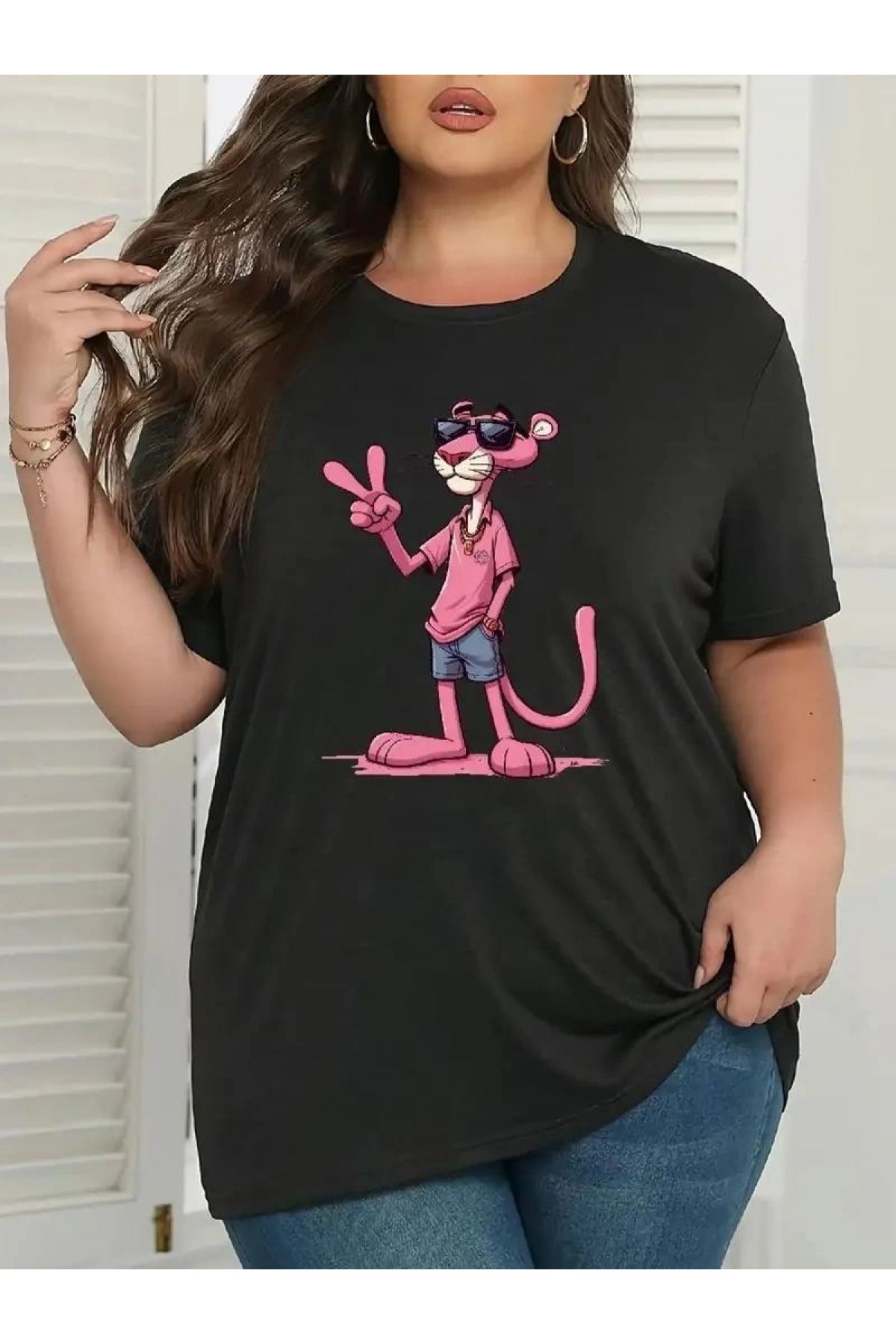 Kadın Tişört Pembe Panter Baskılı Bisiklet Yaka Kısa Kol T-shirt - Beyaz