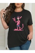 Kadın Tişört Pembe Panter Baskılı Bisiklet Yaka Kısa Kol T-shirt - Beyaz