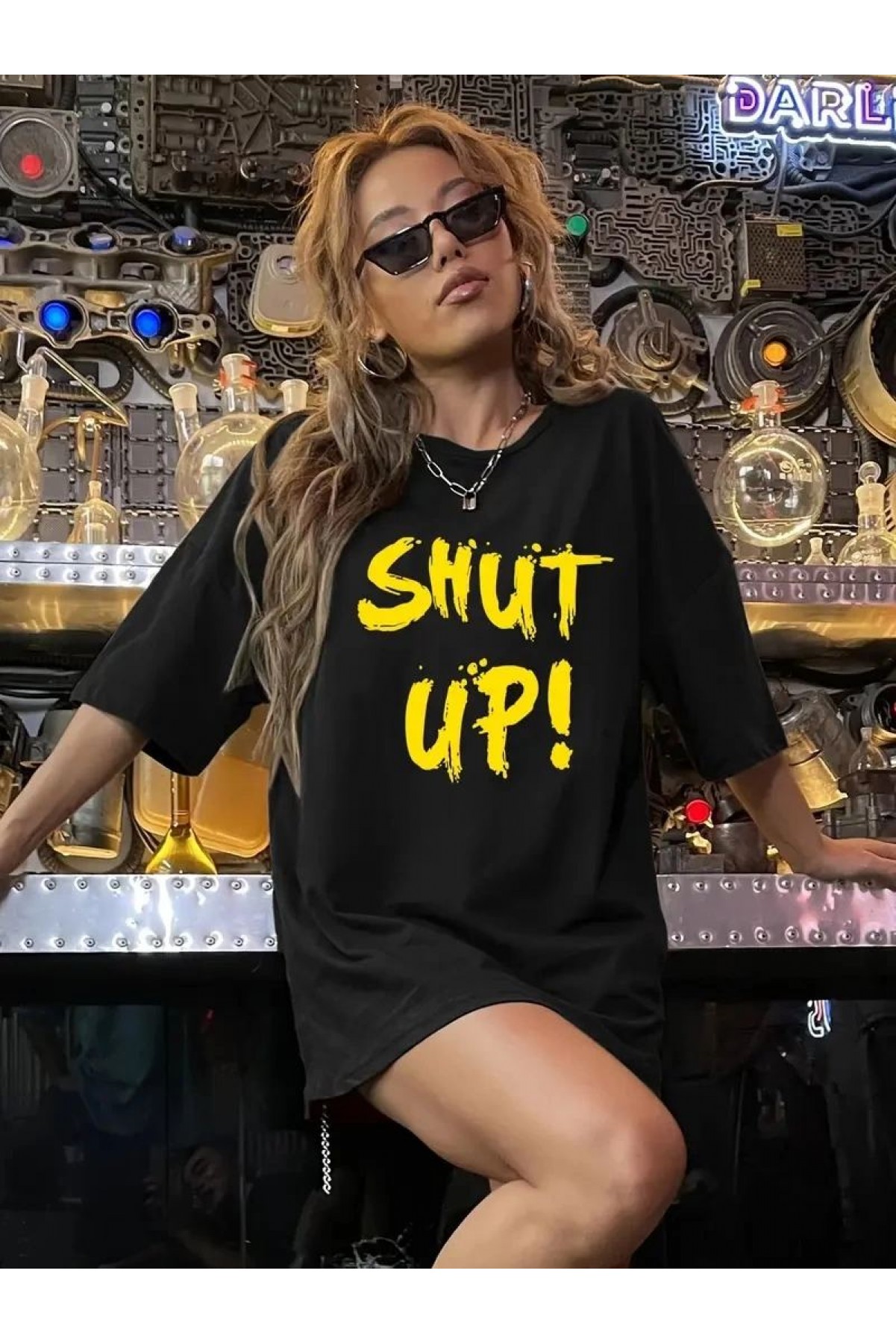 Kadın Tişört Shut up Baskılı Bisiklet Yaka Kısa Kol T-shirt - Siyah
