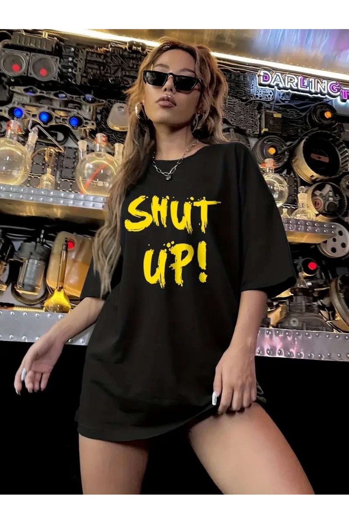 Kadın Tişört Shut up Baskılı Bisiklet Yaka Kısa Kol T-shirt - Siyah