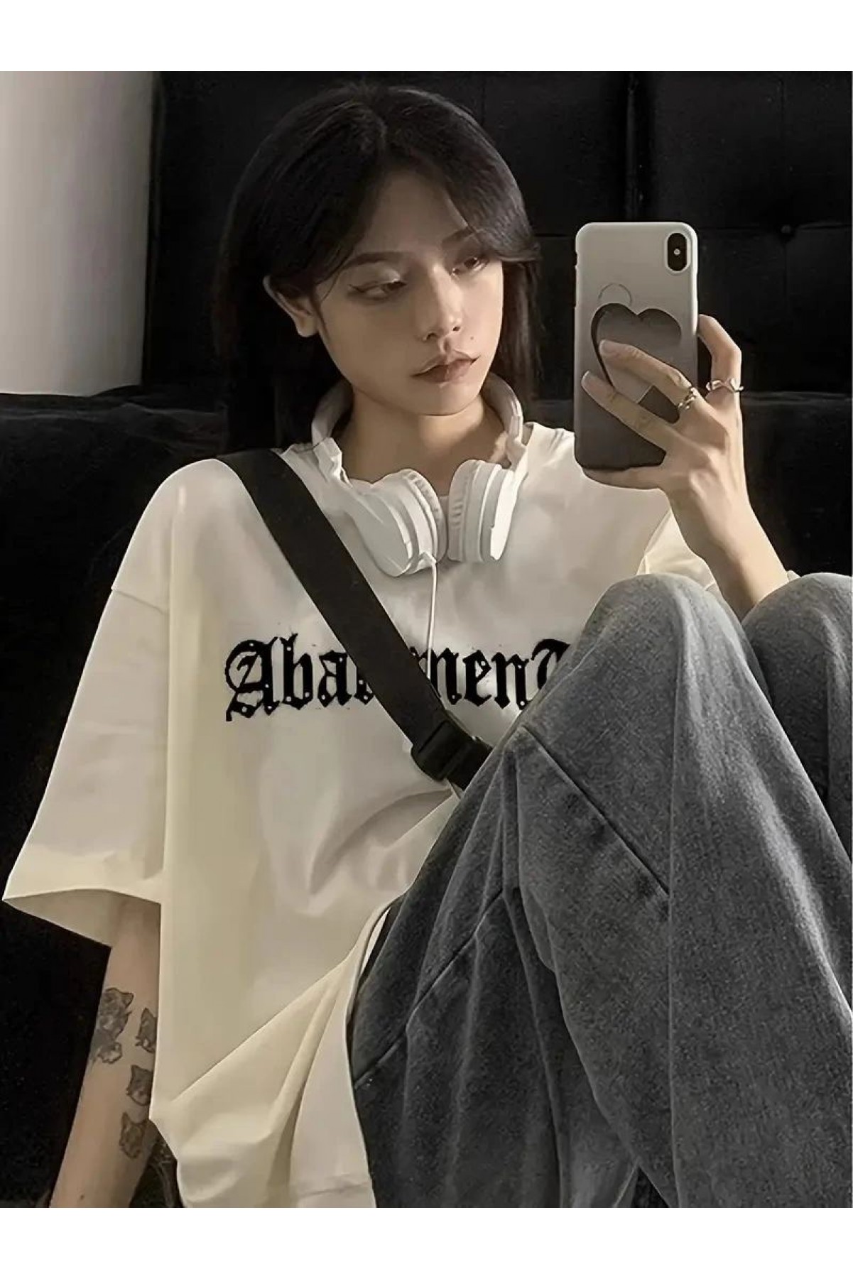 Kadın Tişört Örümcek Baskılı Bisiklet Yaka T-shirt - Beyaz